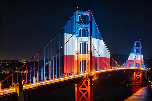 Bridge lighting with a unique color scheme inspired by a city's flag